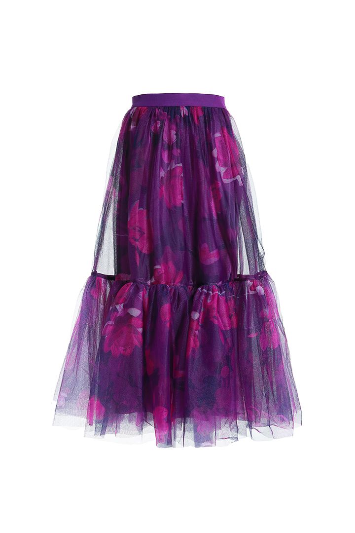 Mesh Ruffle Printed Skirt