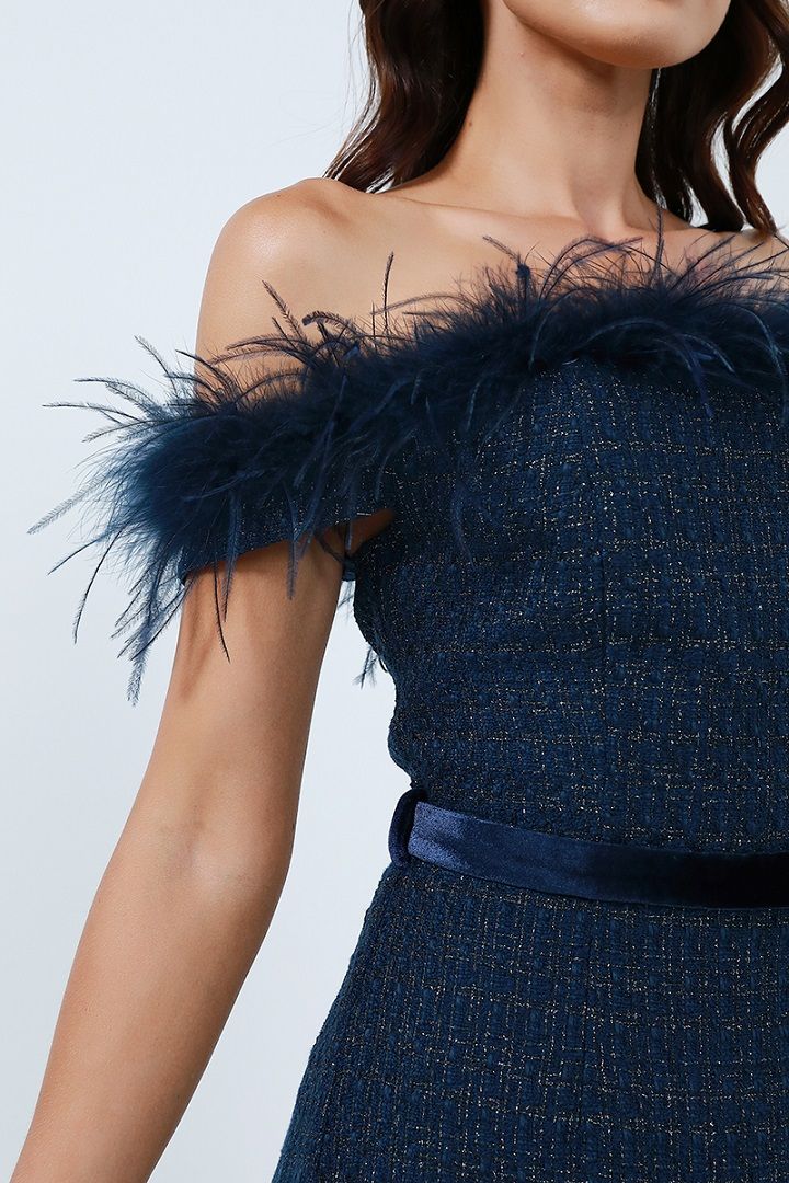 Fur detail asymmetrical dress