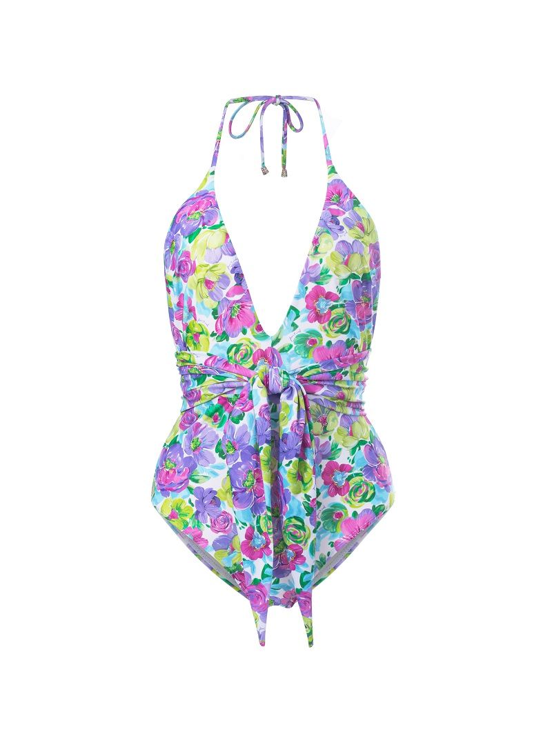 Flower print self-tie swimsuit